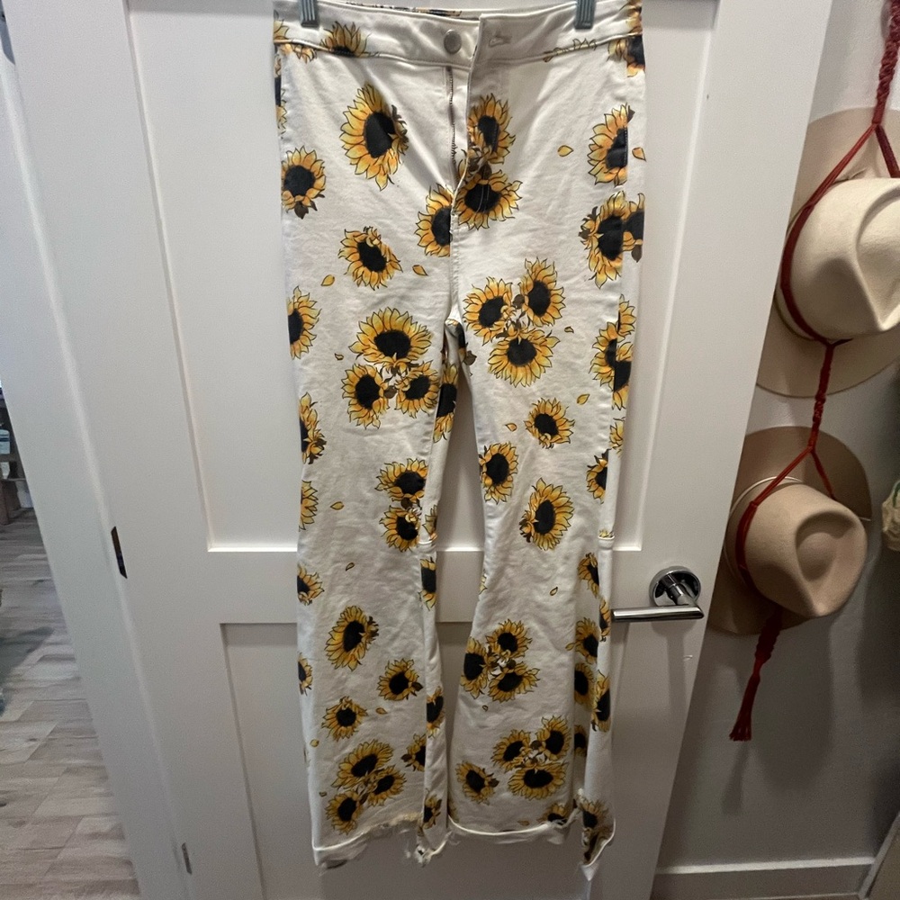 Free People Sunflower Print Pants - Cream and Yellow
